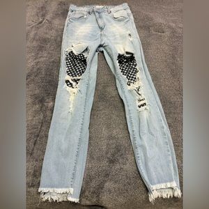 Size 11 Ripped Jeans with Fishnet Insert in Knees & Frayed Bottoms